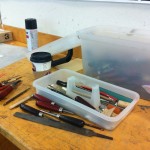 A photograph of tools in master printer Scip Barnhart's studio taken by Brooke Rosenblatt during a visit.