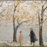 Painting by Marjorie Phillips of a woman in hat and jacket with young girl under blossoming cherry blossom trees at the Tidal Basin.